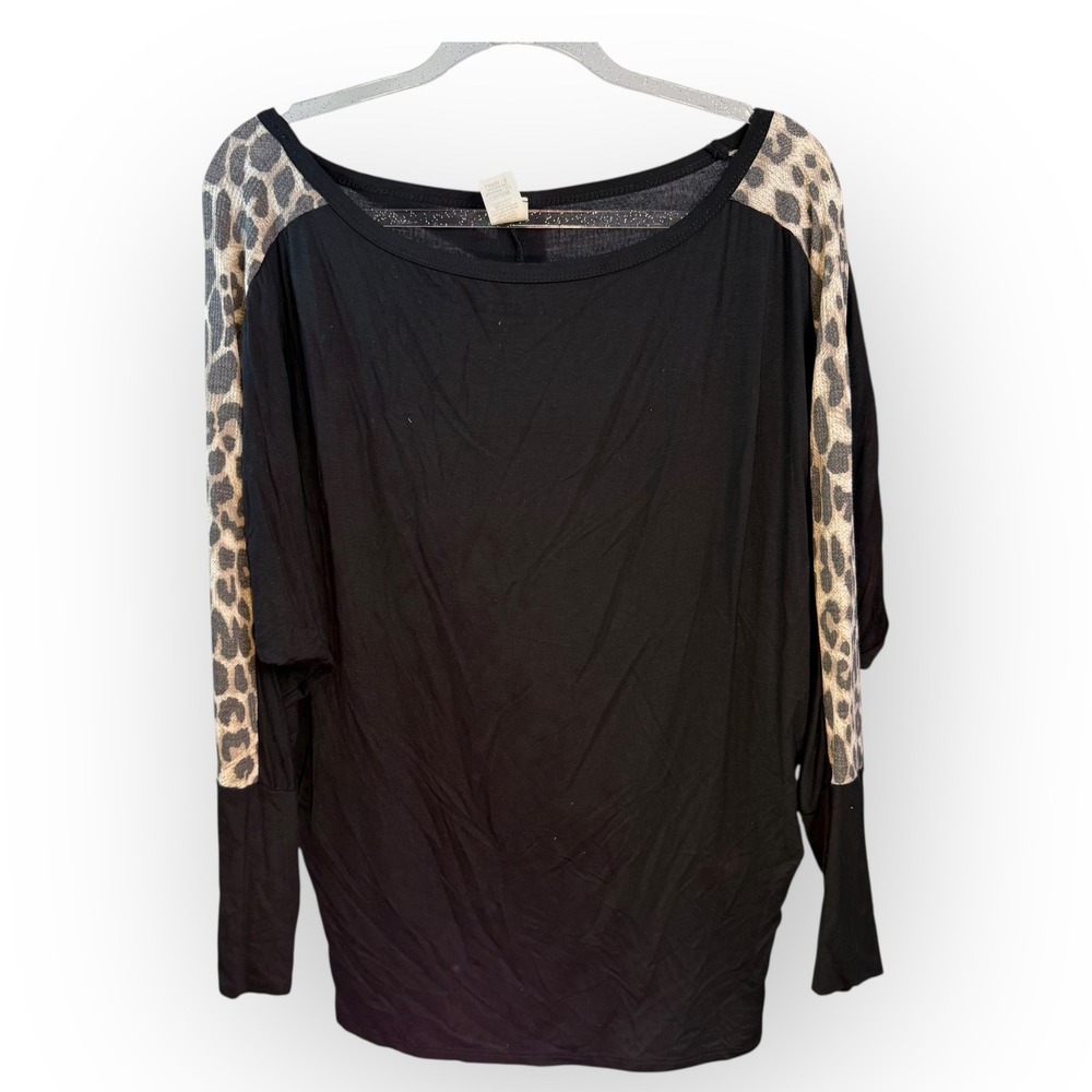 7th Ray Leopard Sleeve Top Dolman Long‎ Sleeve Blouse Black Large